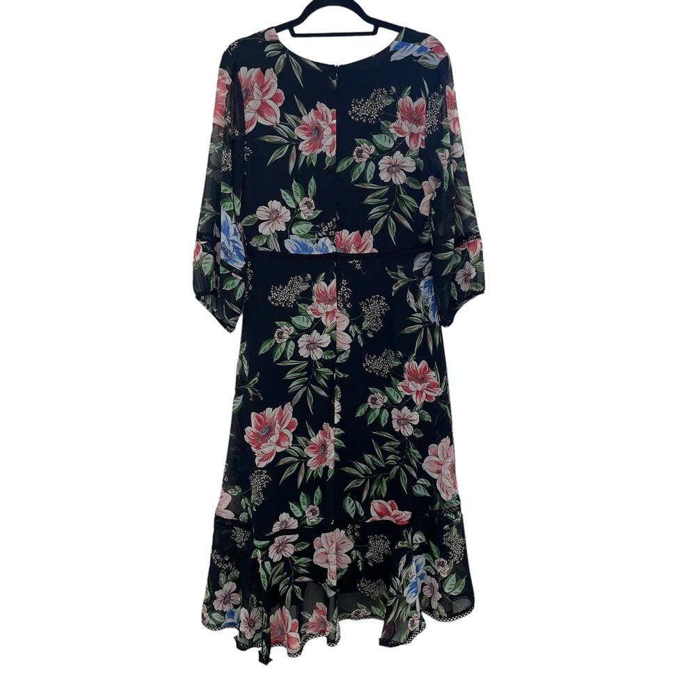 Black Floral V-Neck Chiffon Midi Dress with Ruffled High-Low Hem - Picture 5 of 10